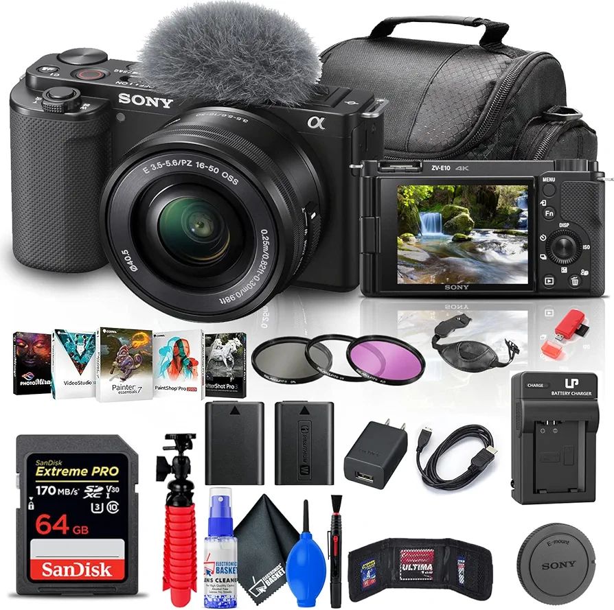 Sony ZV-E10 Mirrorless Camera with 16-50mm Lens (Black) (ILCZV-E10L/B) + 64GB Memory Card + Filte... | Amazon (US)