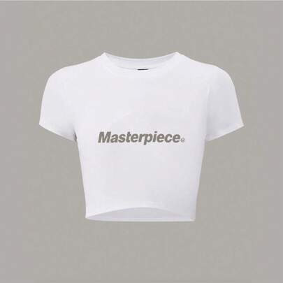 100% Cotton Unisex Crop T-Shirt With A Bold StatementA White Cropped Tee Featuring The Word "Masterpiece." In Simple, Bold Gray Letters. Round Neck Sh | SHEIN