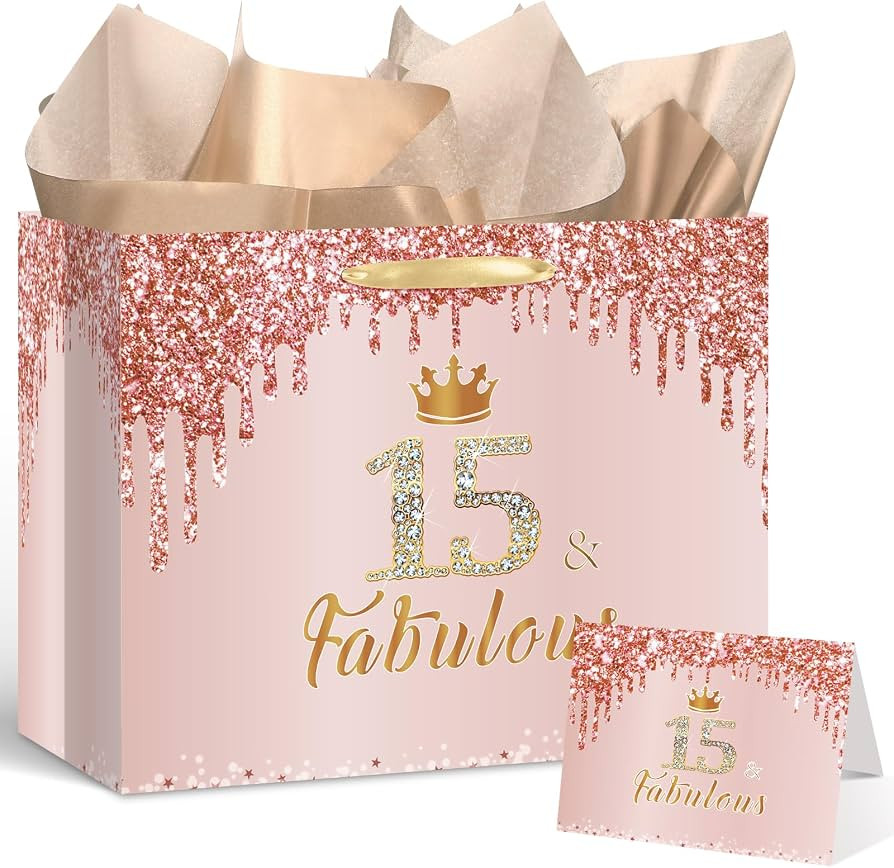 Yoirrat Rose Gold 15th Birthday Gift Bag for Girls 15 & Fabulous Large Pink Happy 15th Birthday G... | Amazon (US)