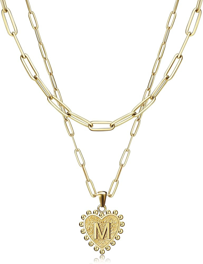 Dainty Layered Heart Initial Necklace for Women, 14K Gold Plated Paperclip Chain Letter Pendant C... | Amazon (US)