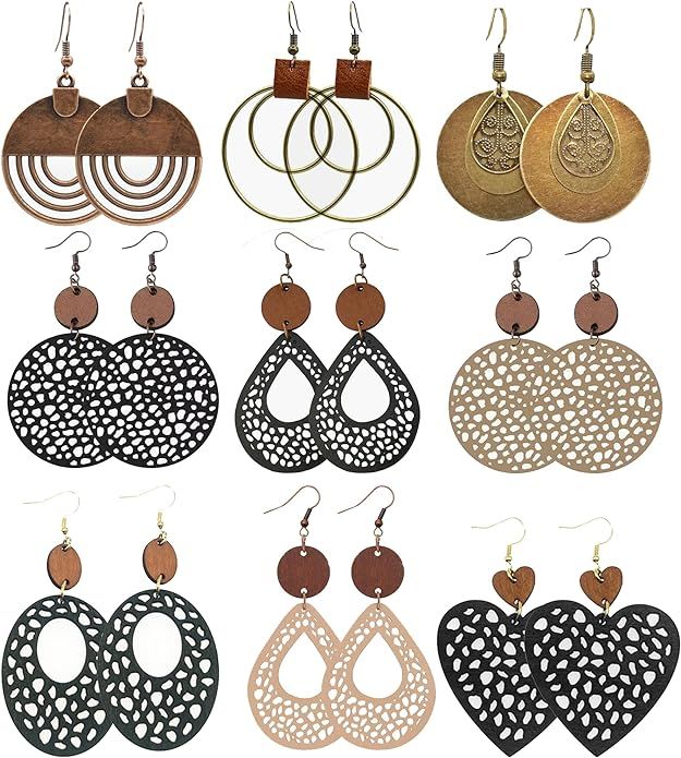 9 Pairs Boho Vintage Wooden Round Geometric Leather Earrings Retro Hollow Out Circle Earrings Big... | Amazon (US)