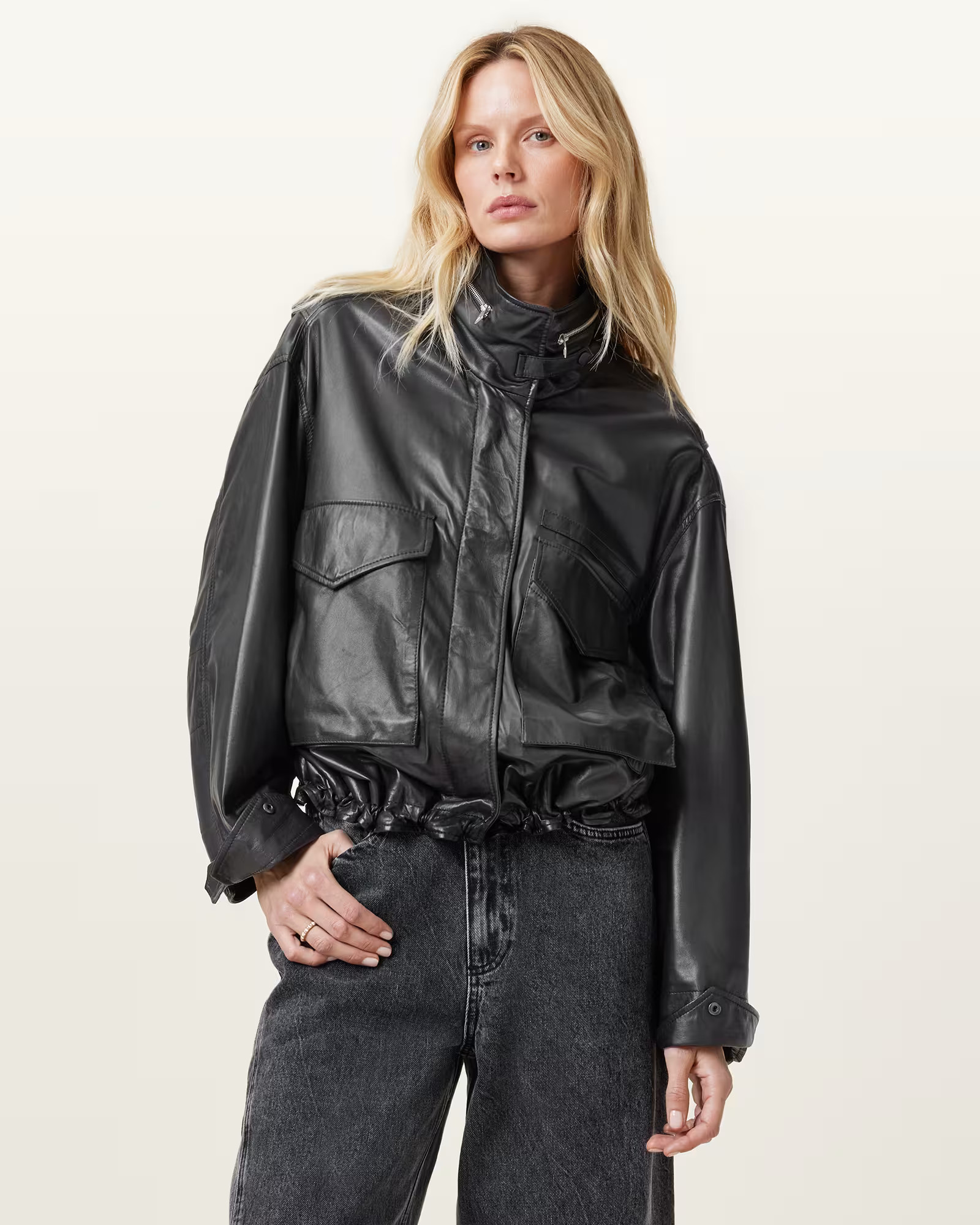 Clay Funnel Neck Cropped Leather Jacket Black | ALLSAINTS | AllSaints UK