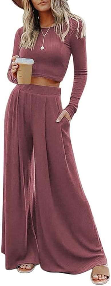 Dokotoo Women's 2 Piece Outfits Crewneck Long Sleeve Crop Tops and Wide Leg Pants Sets | Amazon (US)