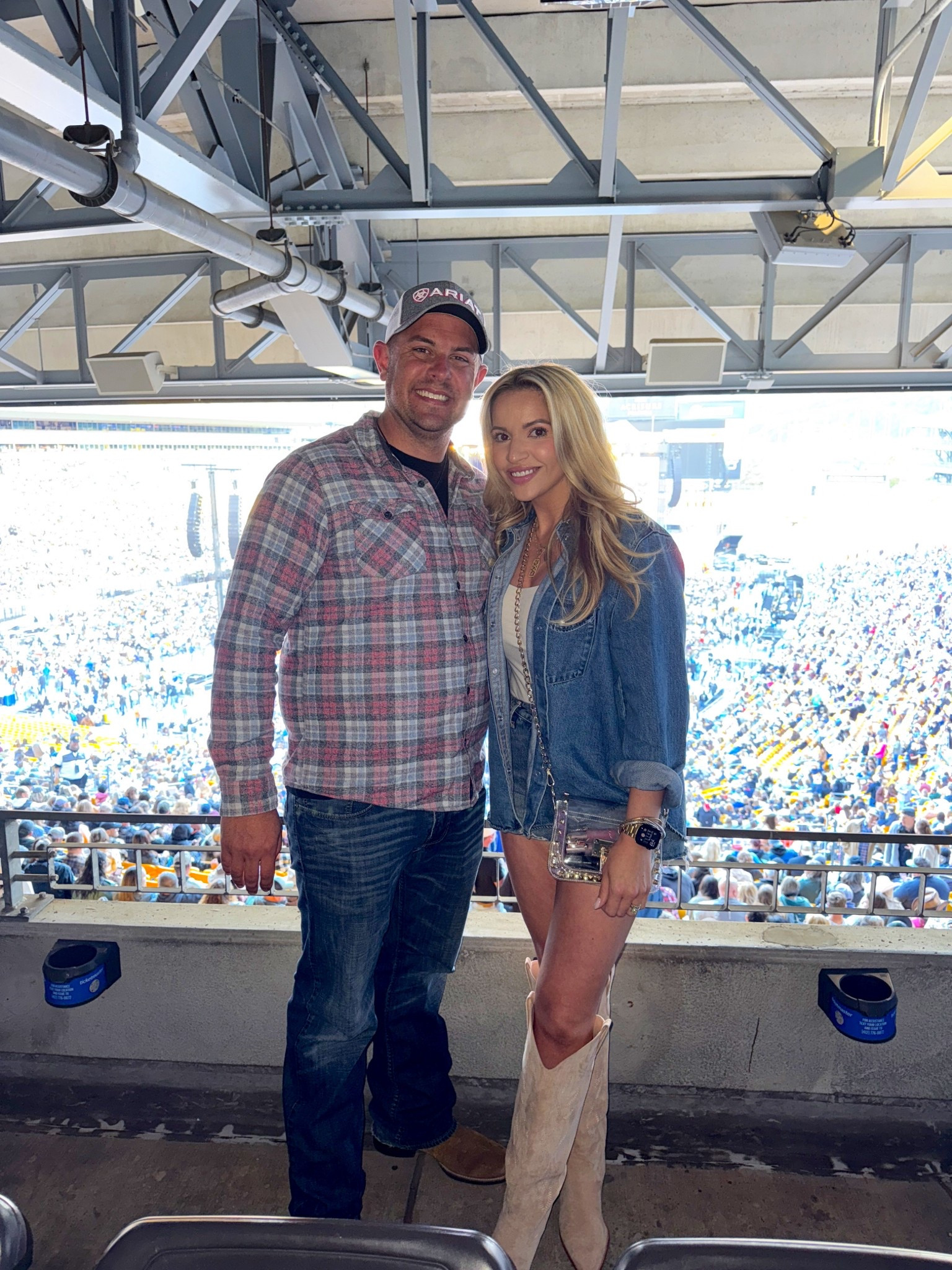 Top: L (sized up for oversized look)
Bodysuit: XS
Shorts: 27
Boots: sized up 1/2 size 

Country concert outfit western boots cowboy cowgirl denim shirt denim shorts clear handbag purse bag gold chain cell phone strap summer concert fall spring taupe suede knee high boots 

#LTKFindsUnder100 #LTKStyleTip #LTKSummerEdit