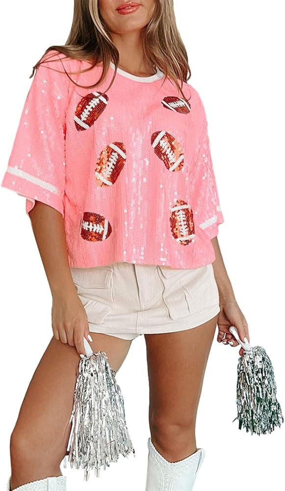 Women Sparkly Sequin Long Sleeve Top Football Shiny Glitter Sparkle Pullover Sweatshirt Tops Socc... | Amazon (US)