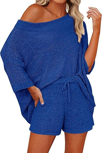 Mafulus Women's 2 Piece Outfits Sweater Sets Off Shoulder Knit Top Shorts Matching Suits Cute Paj... | Amazon (US)