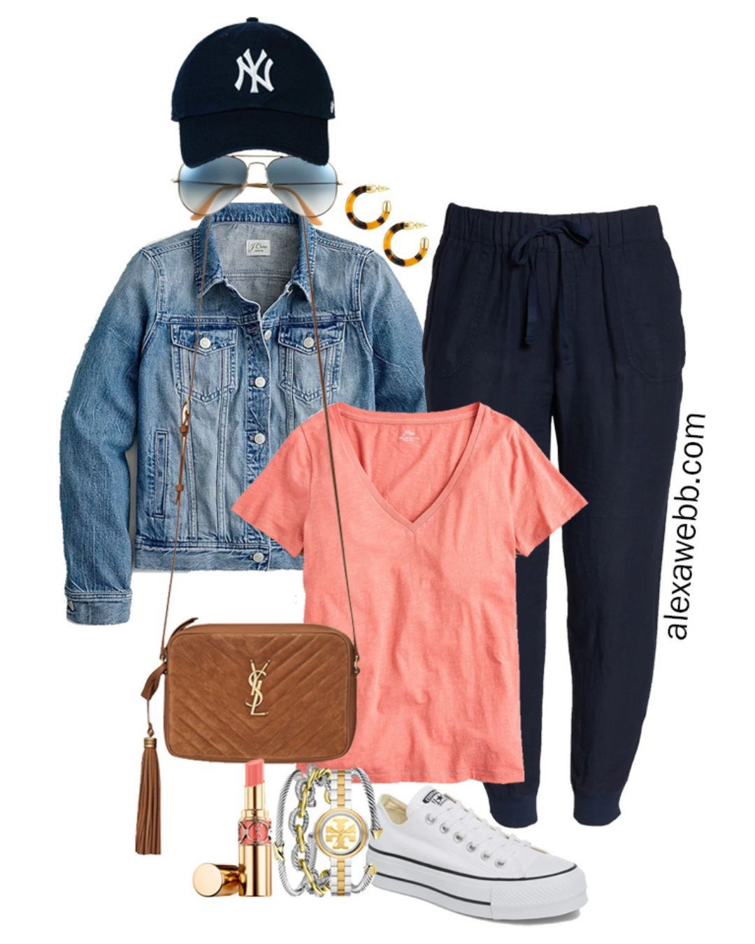 Plus Size Navy Linen Joggers with a baseball cap, coral pink t-shirt, denim jacket, platform Converse sneakers, and Crossbody Bag - Alexa Webb

#LTKPlusSize #LTKStyleTip #LTKSeasonal