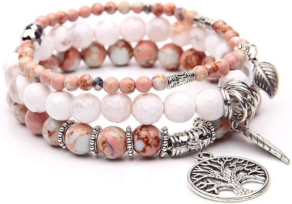 Tree of Life Turquoise Jasper & Tibetan Agate Gemstone Chakra Beaded Bracelet | Beach Charm Brace... | Amazon (US)