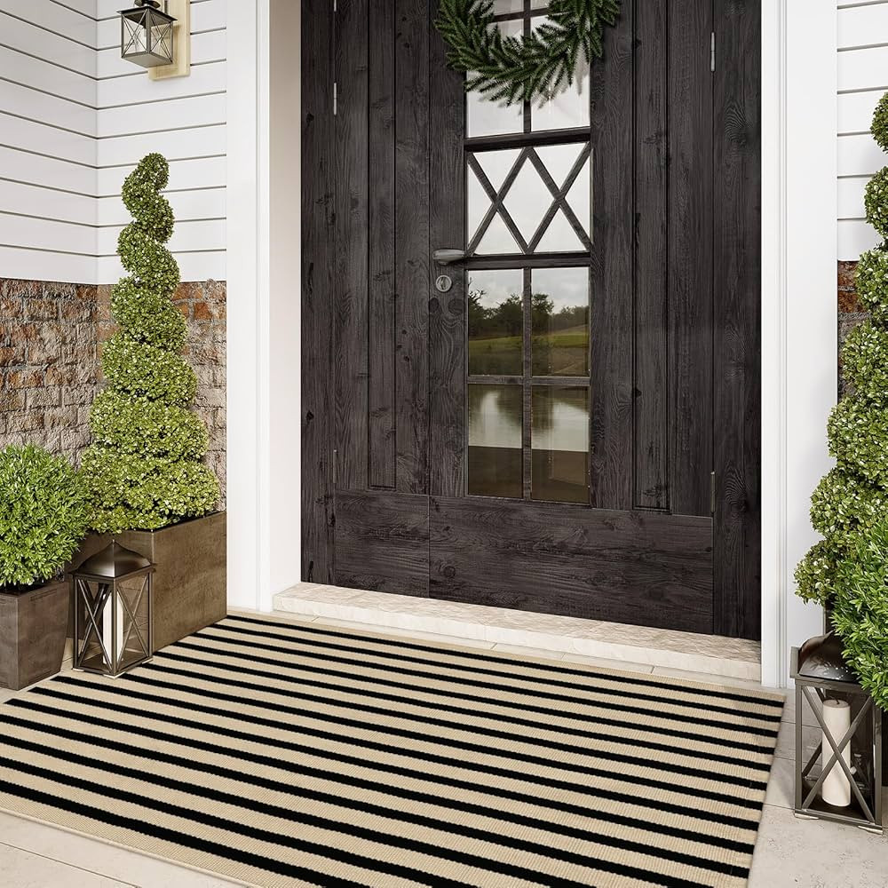 Outdoor Striped Rugs 3'x5', Black and Tan Cotton Hand Woven Front Door Mat,Washable Reversible Fr... | Amazon (US)