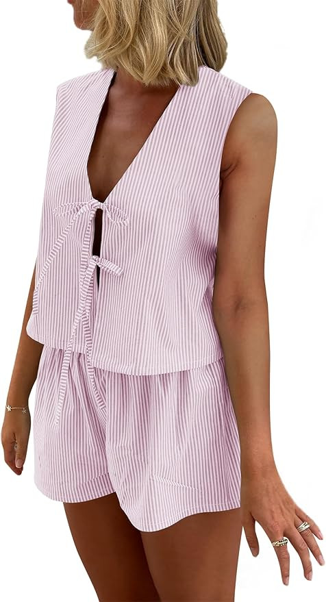 Women Casual Summer Lounge Set Y2k 2 Piece Outfits Set Sleeveless Tie Front Tank Top Vest Boxer S... | Amazon (US)