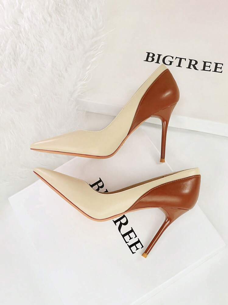 Vintage Style High Heels Thin Heels Party Women's Shoes, Spring/Autumn New Arrival Super High Shoes In Color Block Design With Pointed Low Vamp,Women Pumps | SHEIN