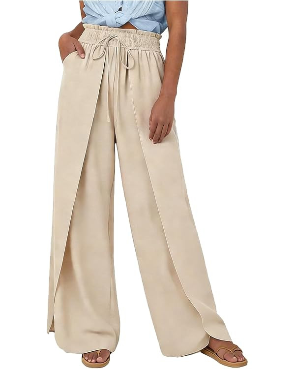 JOAU Womens Wide Leg Front Split Wrap Flowy Pants Casual Smocked Tie Elastic High Waist Beach Pal... | Amazon (CA)