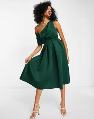 ASOS DESIGN bare shoulder prom midi dress in forest green | ASOS | ASOS (Global)