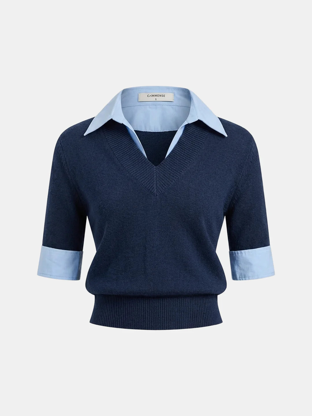 Contrast Collar Elbow Sleeve Knit Top | Commense