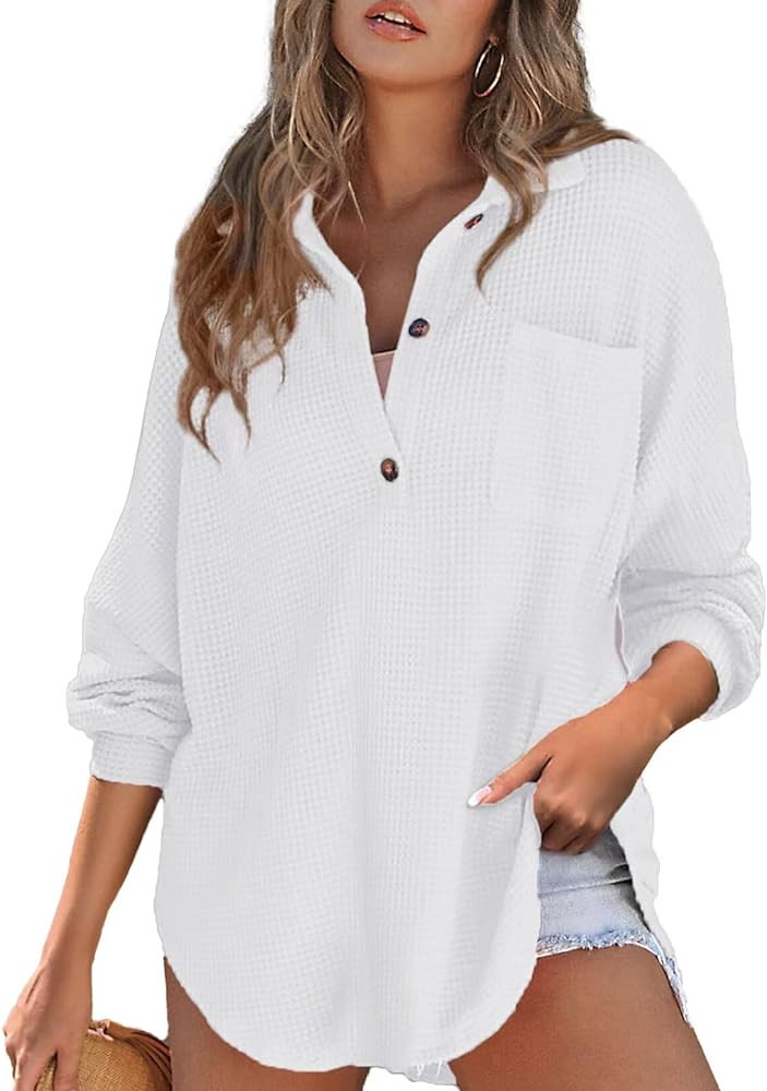 Astylish Women Waffle Knit Tops Henley Shirts Long Sleeve V Neck Solid Color Casual Tunic | Amazon (US)