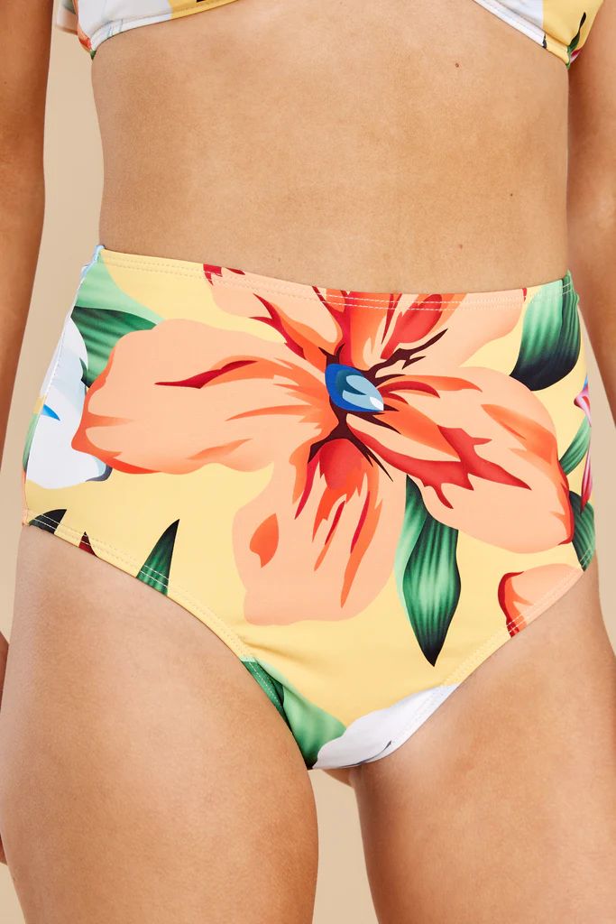 Hibiscus Sunsets Bright Yellow Floral Print Bikini Bottoms | Red Dress 