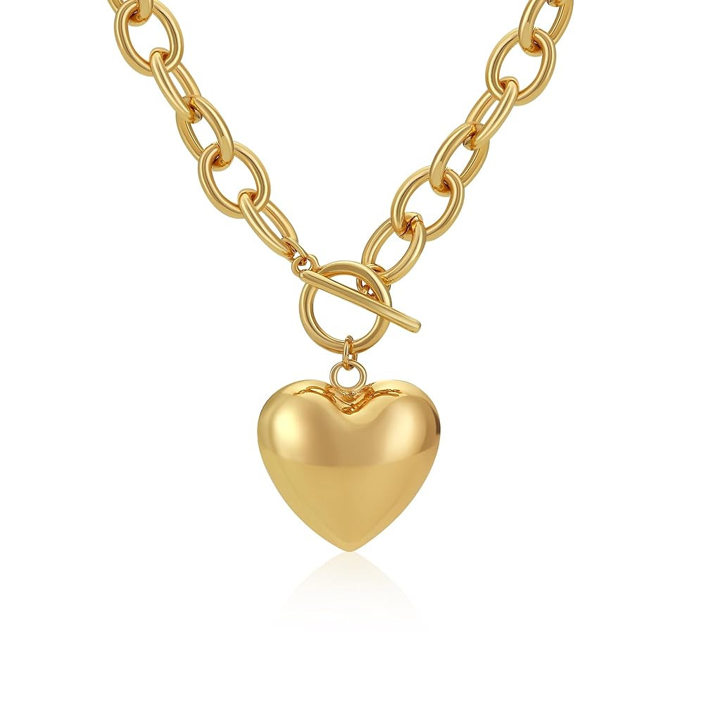 Chunky Paperclip Chain Heart Necklace for Women, Puffy Gold Heart Pendant Necklaces Gifts On Birt... | Amazon (US)