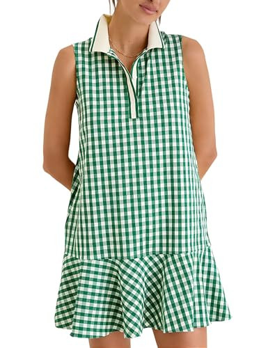 Meyhad Womens Gingham Polo Dress V Neck Sleeveless Ruffled Hem Mini Dresses Plaid Button Front Tennis Dress(1047-Green-L) | Amazon (US)