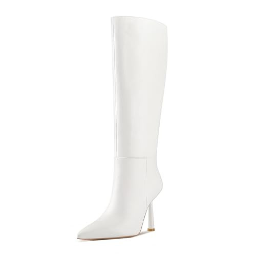 wetkiss White Womens Knee High Boots with Pointed Toe Stiletto High Heel Boots for Women Pull-on Style Dress Sexy Shoes（White-07.5） | Amazon (US)