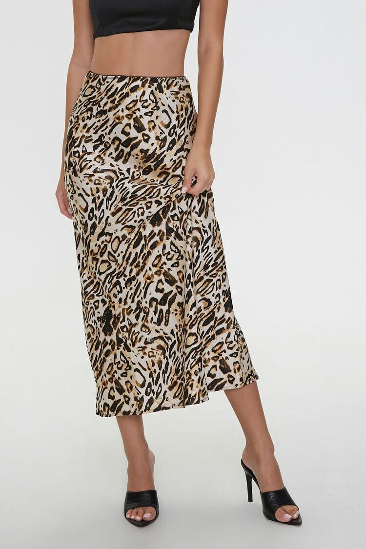 Satin Leopard Print Skirt in Tan/Black Small | Forever 21 (US)