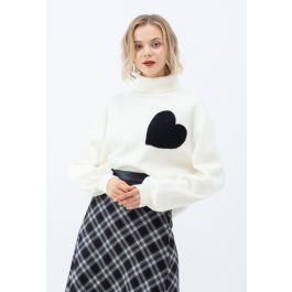 Embroidered Heart High Neck Knit Sweater in Ivory | Chicwish