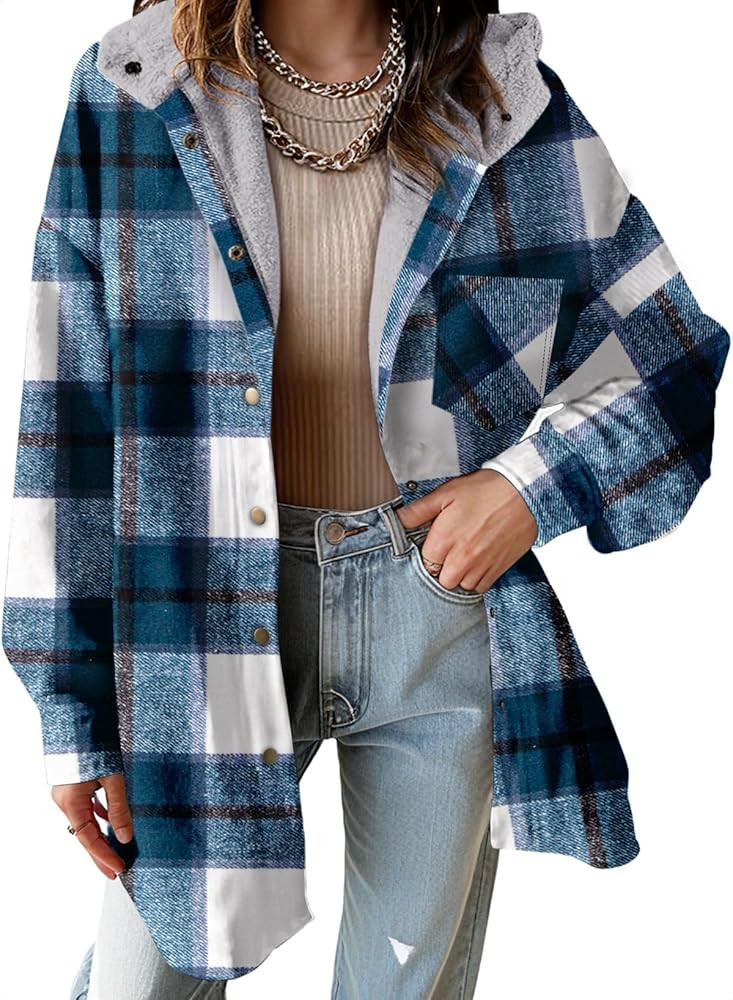 Dokotoo Women's Flannel Hooded Plaid 2026 Shacket Thick Coat Fleece Jacket | Amazon (US)