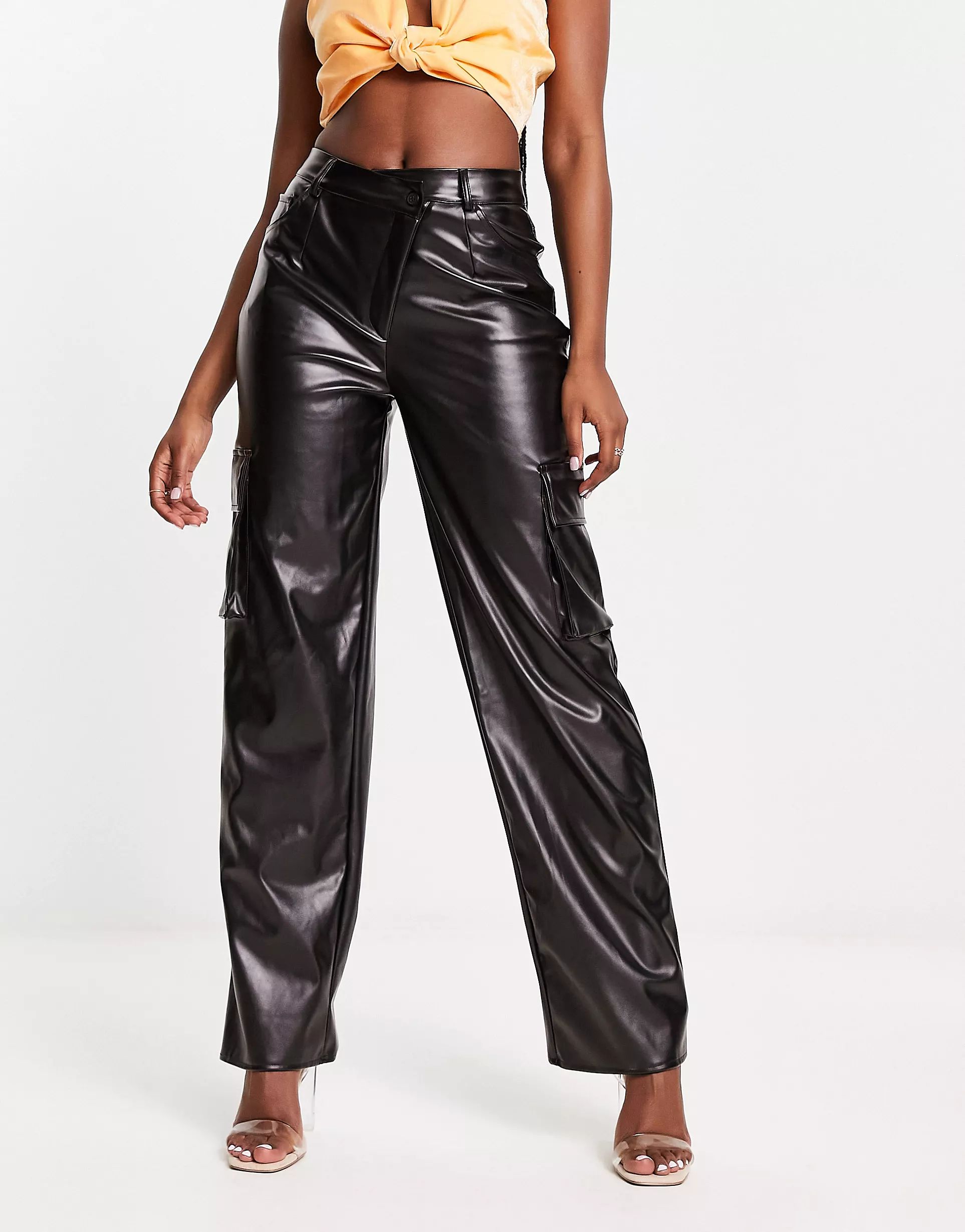 Kaiia leather look cargo pants with asymmetric waistband in black | ASOS (Global)