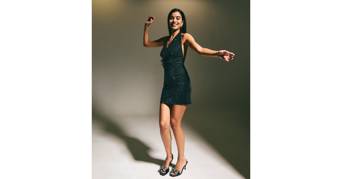 Black Diamanté Studded Cowl Halterneck Mini Dress | New Look | New Look (UK)