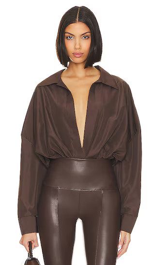 Oversized Boyfriend Shirt Bodysuit in Chocolate | Revolve Clothing (Global)