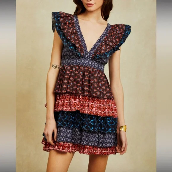 Love The Label multicolor orange and blue Ruffled V-Neck Dress size XS | Poshmark