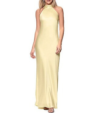 Xscape Petite Size Satin Mock Halter Tie Neck Sleeveless Gown - 10P | Dillard's