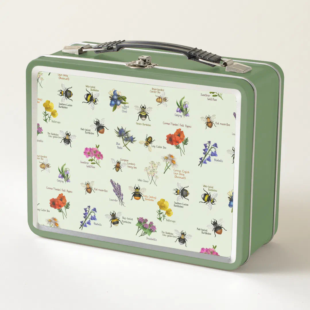 PetitArt | British Bee and Wildflower | Green  Metal Lunch Box | Zazzle | Zazzle