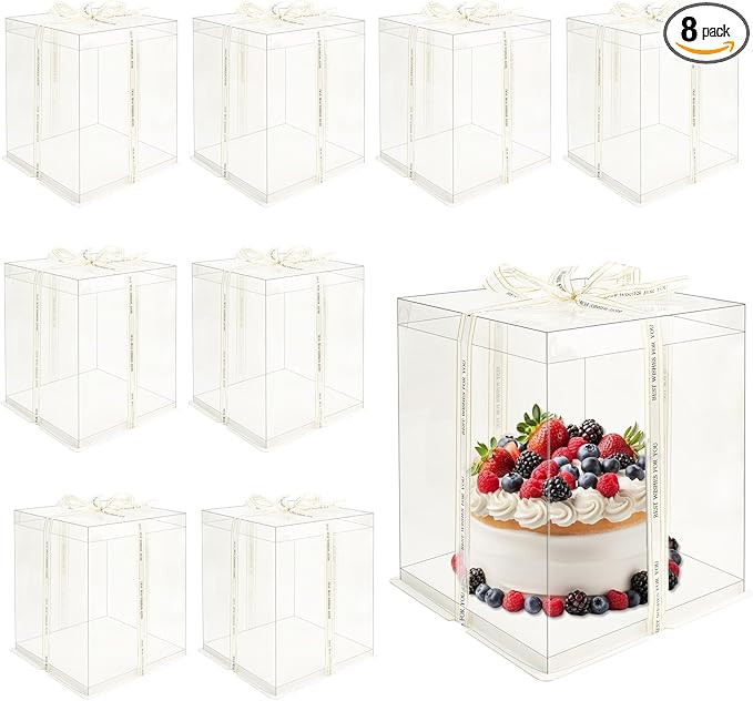 8 Pcs 10x10x12Inch Clear Cake Box with Ribbon, PET Tall Cake Boxes, Clear Gift Boxes for 8 Inch C... | Amazon (US)