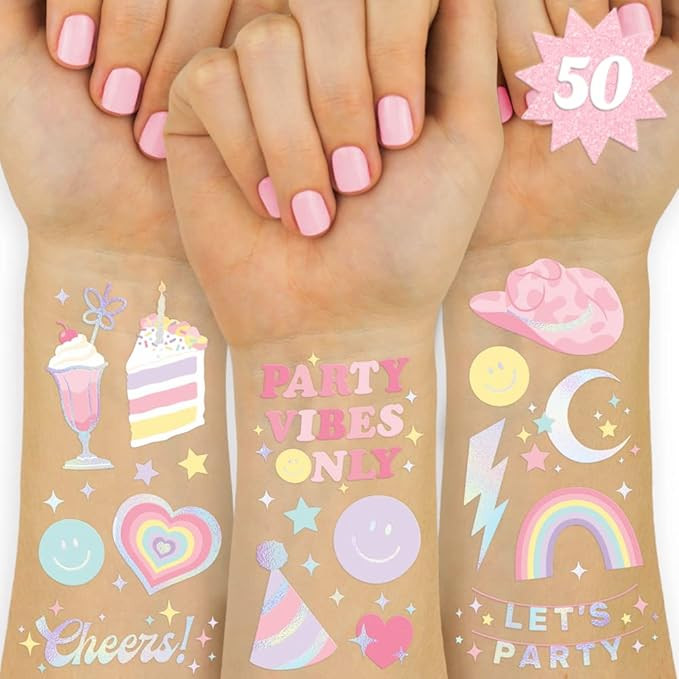xo, Fetti Pastel Rainbow Temporary Tattoos - 50 Iridescent Foil Styles | Preppy Birthday Party Su... | Amazon (US)