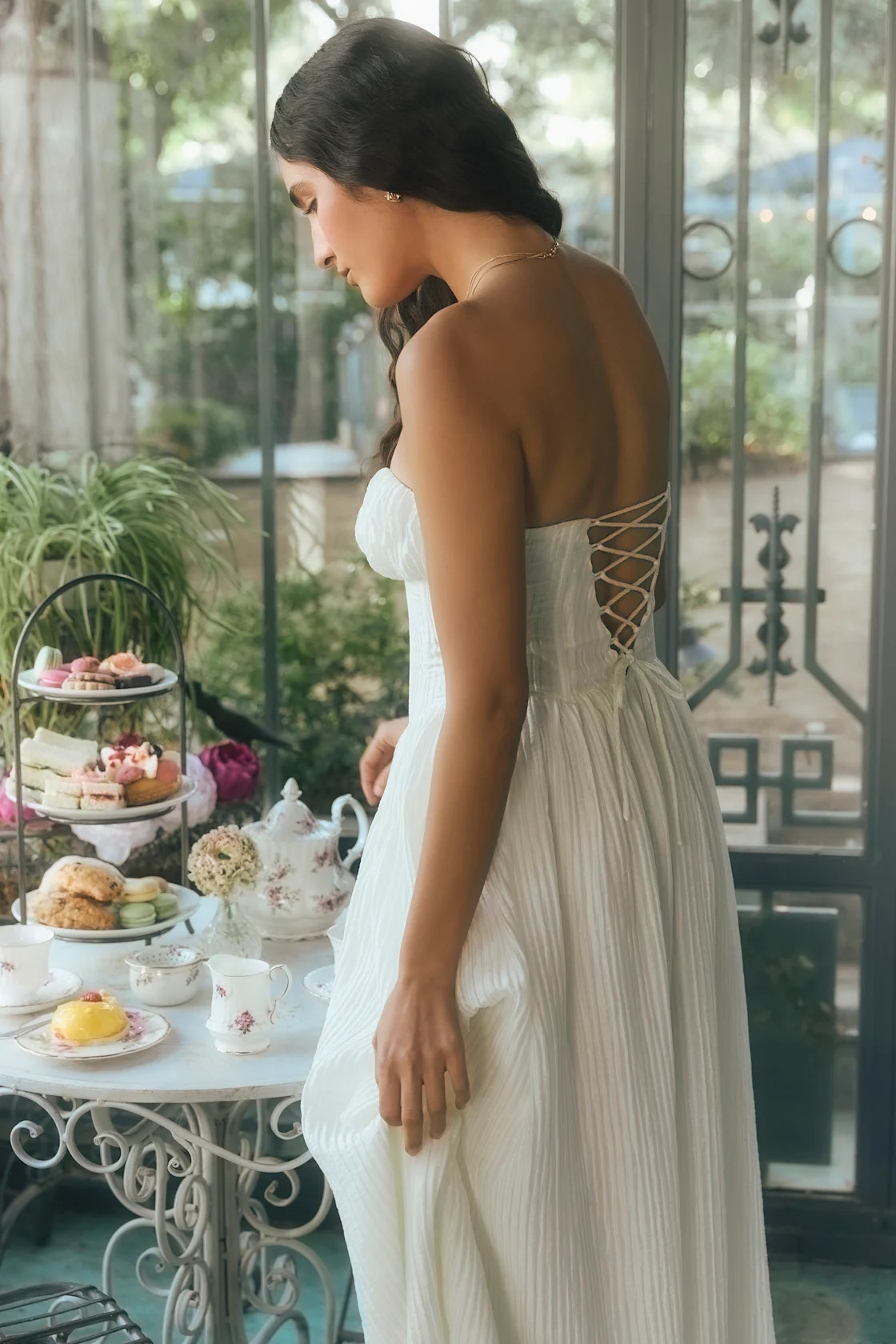 Aspen Ivory Plisse Strapless Bustier Midi Dress | Lulus