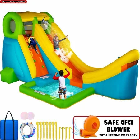Sportspower Half Pipe Inflatable Water Slide Bounce House with Basketball Hoop, Kids Backyard Outdoor Play Water Park Bouncer with Splash Pool & Blower, Heavy Duty, Ages 3–12 | Walmart (US)