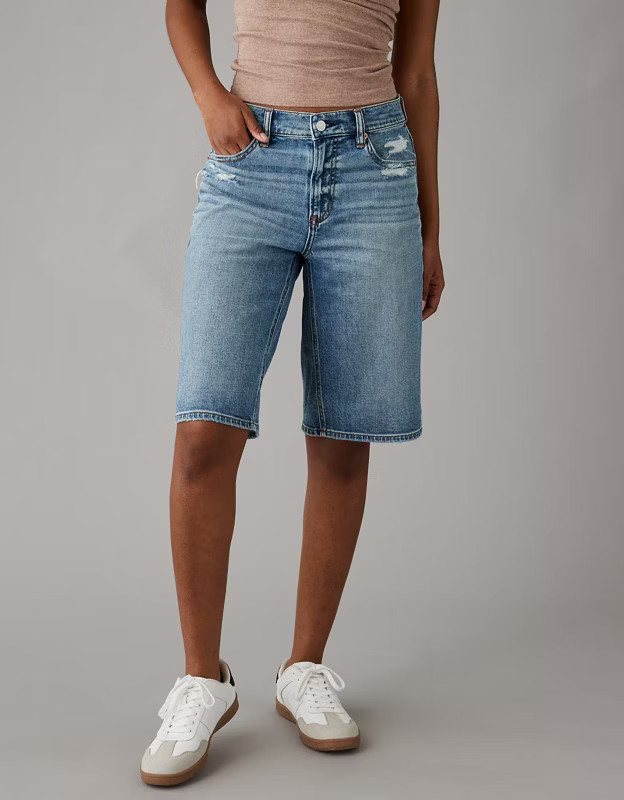 AE Dreamy Drape Low-Rise Baggy Bermuda Distressed Short | American Eagle Outfitters (US & CA)