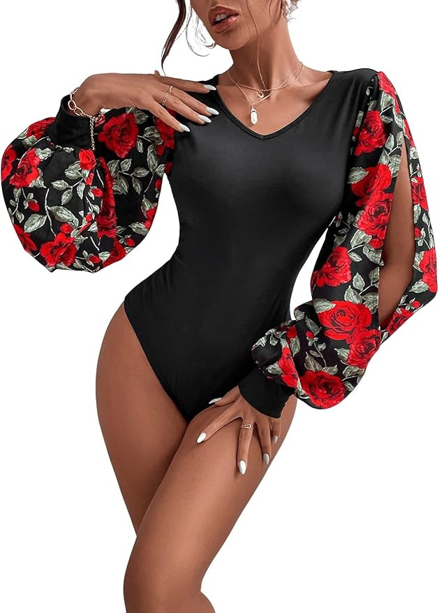 WDIRARA Women's Cut Out Floral One Piece Long Sleeve V Neck Skinny Bodysuit | Amazon (US)
