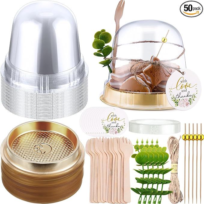 SiliFine 50 Sets Charcuterie Cups with Lids Clear Plastic Cupcake Container Gold Cocktail Picks A... | Amazon (US)