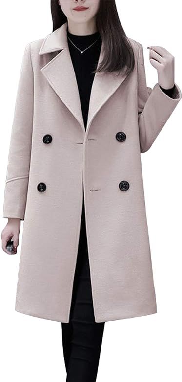 chouyatou Women's Basic Essential Double Breasted Mid-Long Wool Blend Pea Coat | Amazon (US)