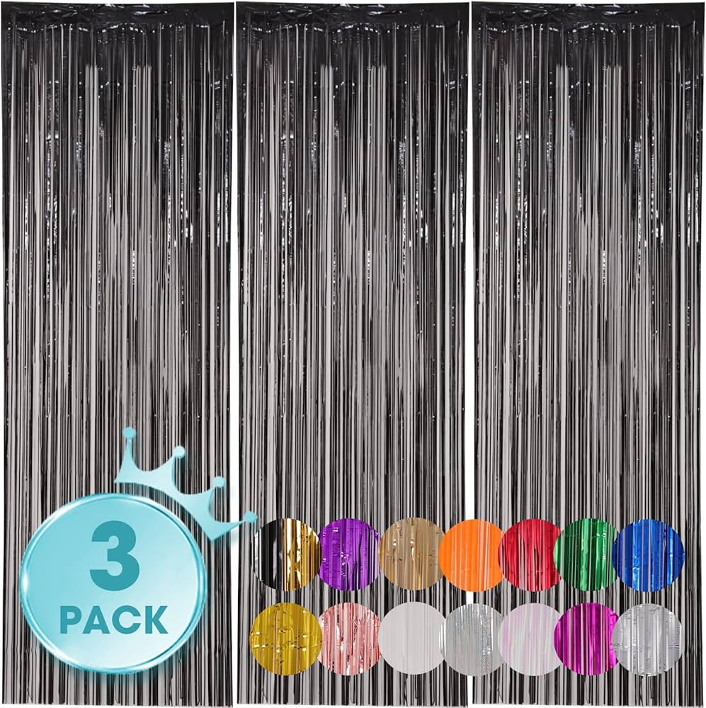 3 Pack 3.3x8.2 Feet Black Foil Fringe Backdrop Curtains, Tinsel Streamers Birthday Party Decorati... | Amazon (US)