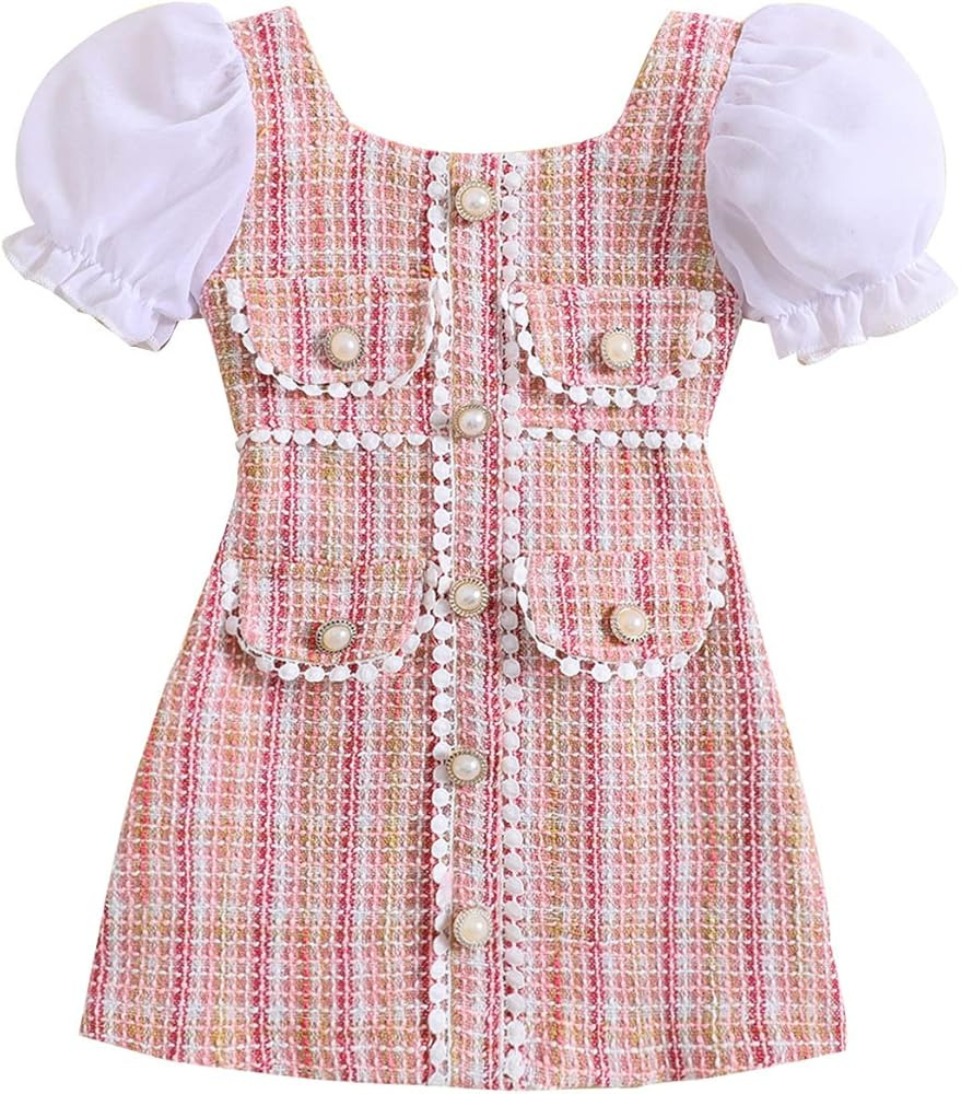 Toddler Baby Girls Tweed Plaid Dress Square Neck Puff Short Sleeve Fake Pockets Elegant Party Clo... | Amazon (US)