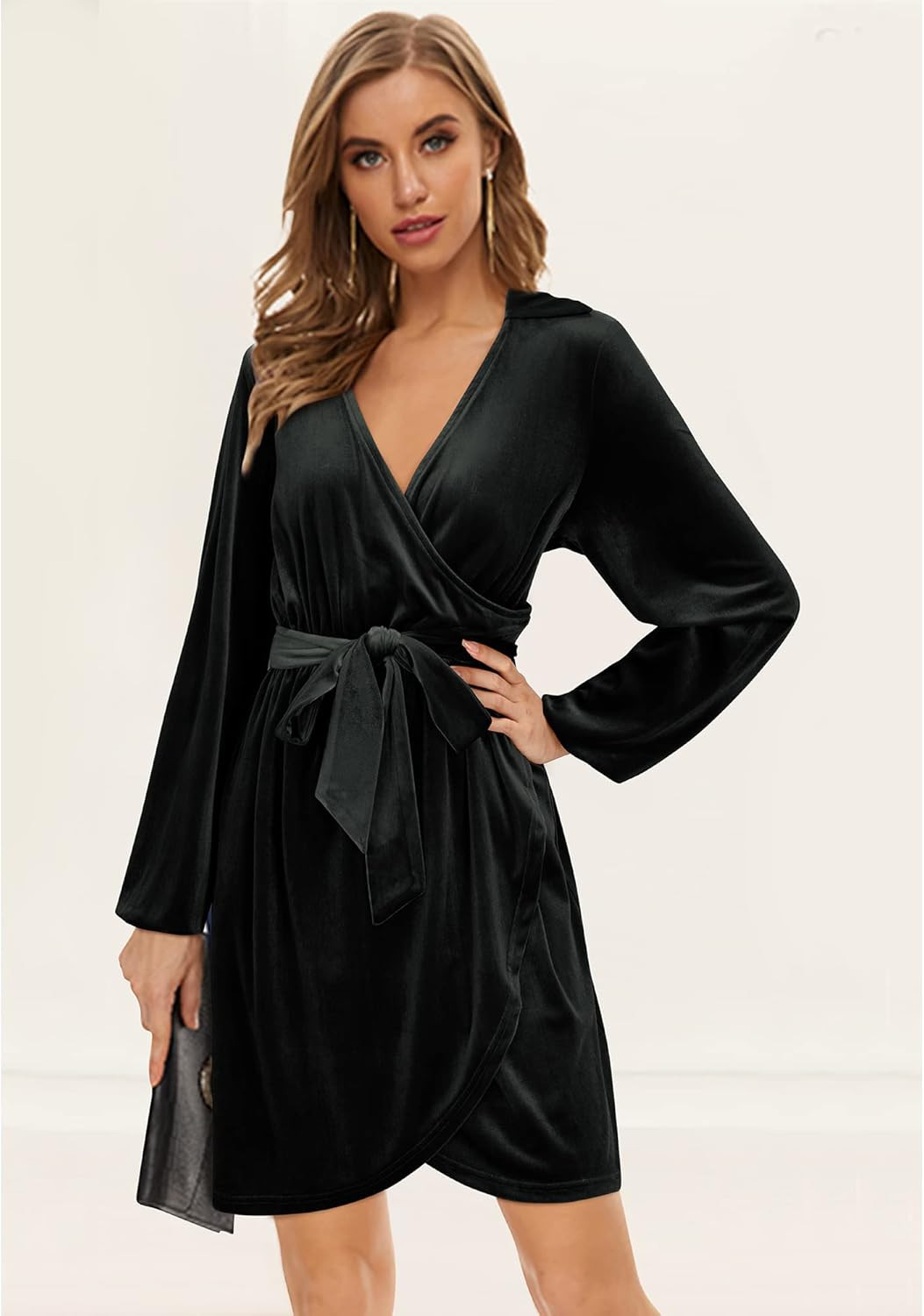 Amazon.com: ULTRANICE Women’s Long Sleeve Wrap V Neck Velvet Cocktail Dress Tie Waist Party Clu... | Amazon (US)