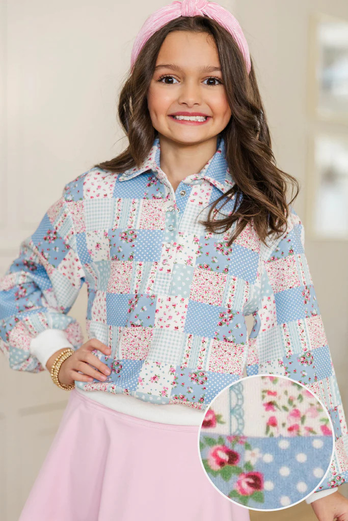 Girls: Sweet Statements Blue Patchwork Pullover | The Mint Julep Boutique