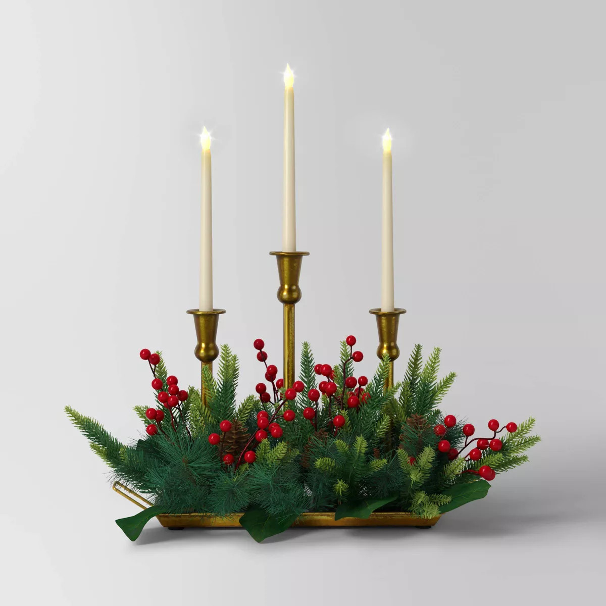 20.5"x17" 3pc Christmas Flameless Taper Candle and Gold Holder in Wood Tray with Faux Greenery - ... | Target