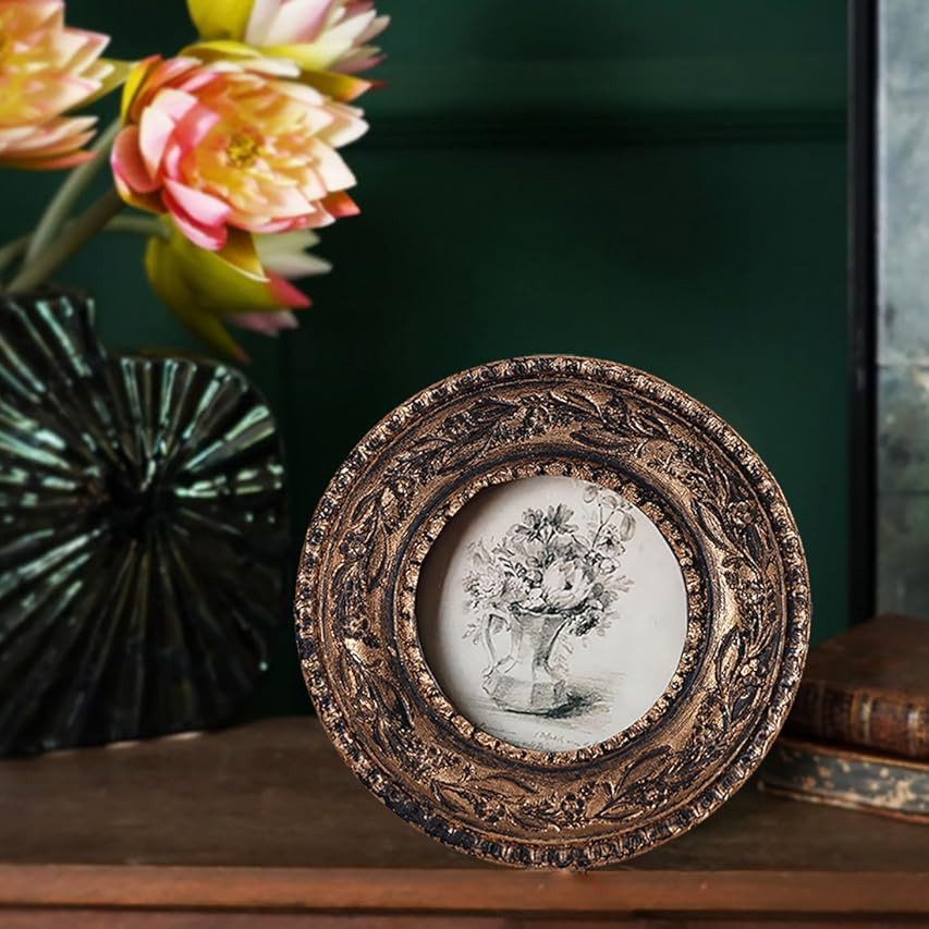 SIKOO Small Vintage 3×3 Round Picture Frame Antique Ornate Mini Photo Frame Vintage Wall Decor, ... | Amazon (US)