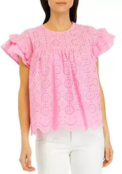 Crown & Ivy™ Women's Eyelet Scallop Trim Top | Belk