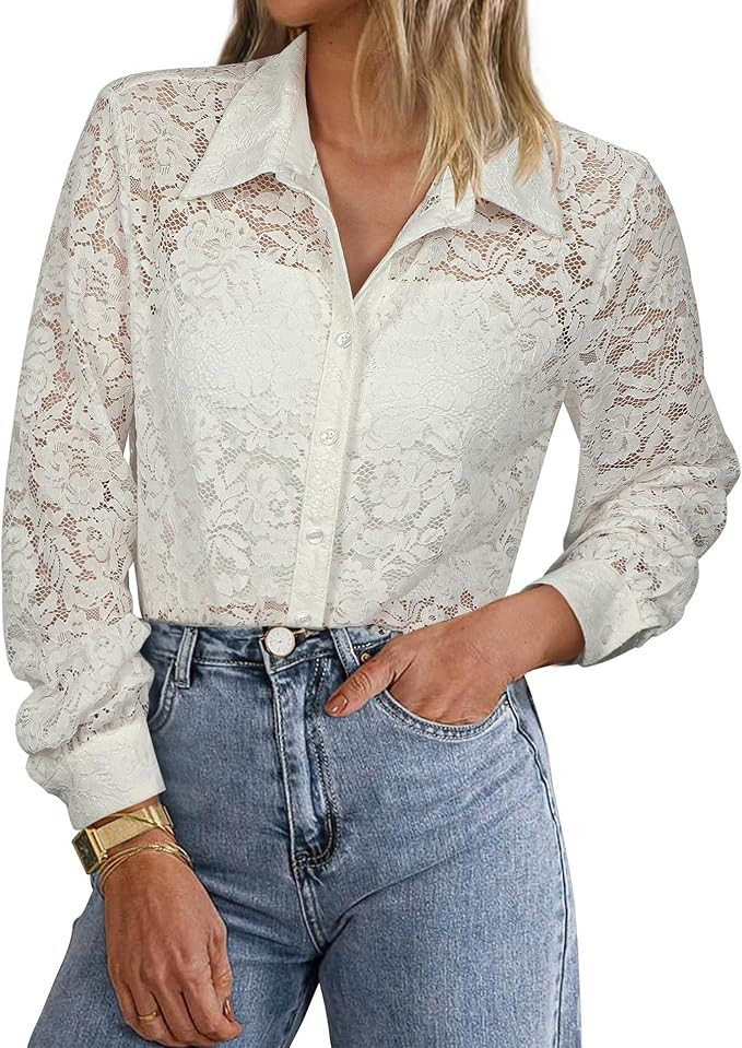Angashion Women Dressy Casual Tops Long Sleeve Lace Button Up Shirts V Neck Trendy Tunic Loose Bl... | Amazon (US)