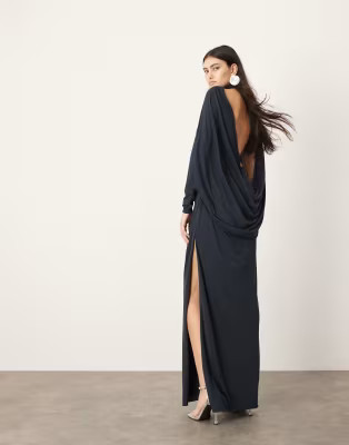 ASOS EDITION premium cowl back high neck maxi dress in dark blue | ASOS (Global)