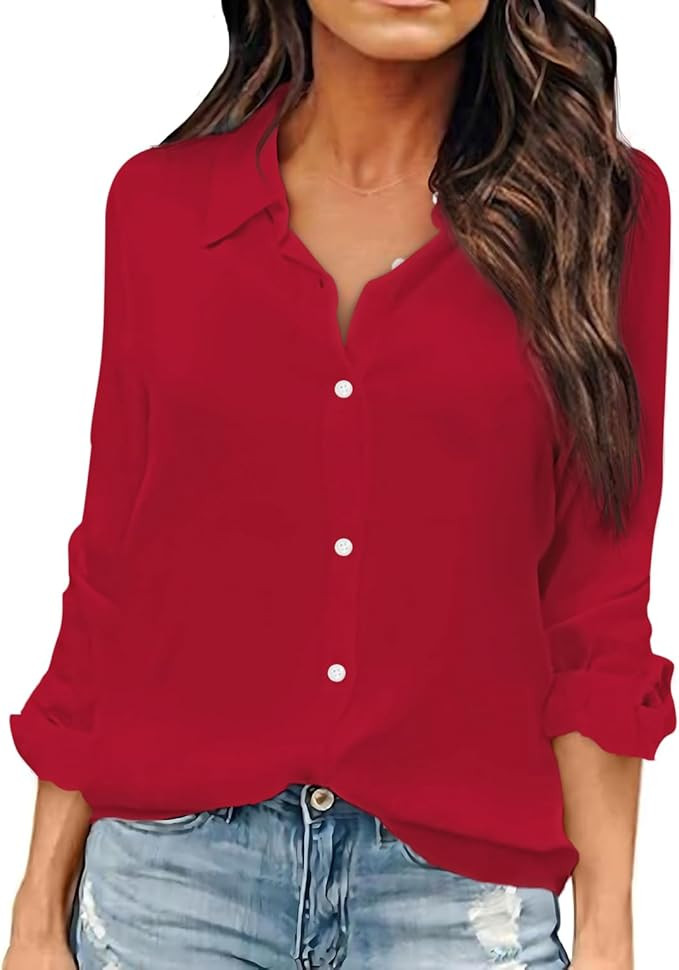 OMSJ Women Button Down Shirts Long Sleeve Chiffon Office V Neck Casual Business Blouses Tops | Amazon (US)